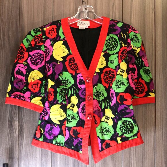 Bright Floral Vintage 80's Neiman Marcus Rimini Jacket and Skirt Bright Floral - Picture 1 of 7